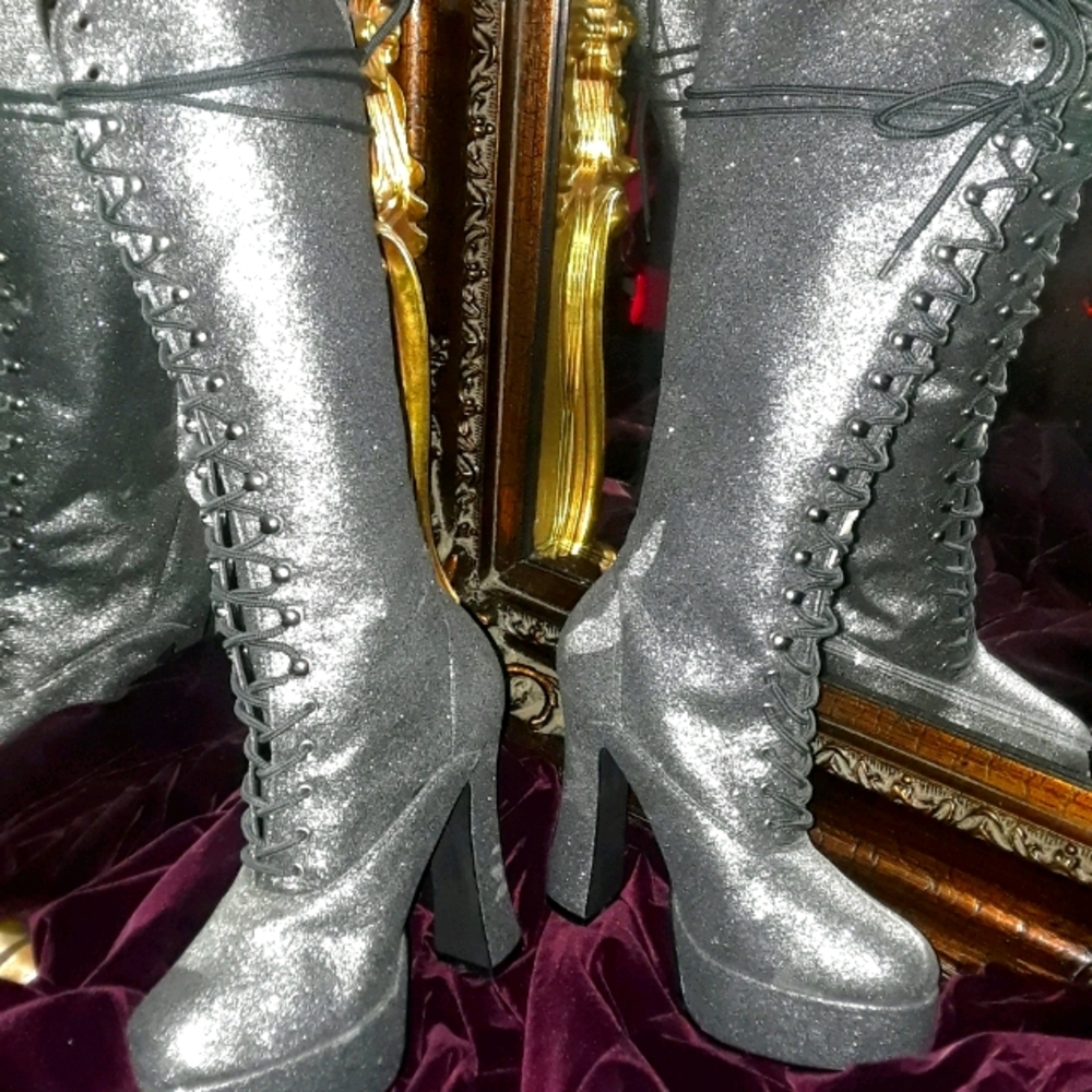 Knee high silver glitter lace up platform boots
